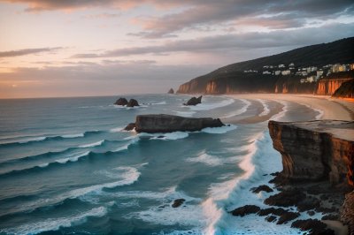 sea, water, waves, beach, coast, landscape, sunset, scenic, houses, blue, colorful, beautiful, church, architecture, winter, seaside, mountains, europe, nature, vacation