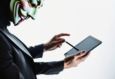 anonymous, mask, tablet, technology, privacy, internet, hacking, security, digital, white, identity, communication, device, hands, activism, cyber, mystery, minimalist, user, connection, ai generated