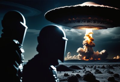 alien, ufo, watcher, nuclear explosion, mushroom cloud, spaceship, earth, window, space, alien technology, space scene, observation, sci-fi, technology, war, disaster, galaxy, science fiction, apocalypse, space perspective, futuristic view
