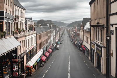 ai generated, buildings, road, shops, town