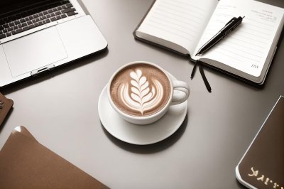 coffee, latte art, workspace, laptop, notebook, pen, glass table, office, productivity, work environment, minimalism, inspiration, professional, modern, desk, office supplies, efficiency, creativity, technology, hot beverage