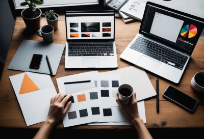 graphic design, workspace, laptop, color palette, hand drawing, notepad, tools, home office, creativity, office, business, fashion, trend, concept, design, sketch, office supplies, minimalism, outdoor view