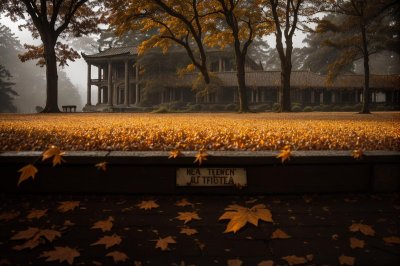leaves, autumn, trees, tea, sign, ancient, architecture, house, history, fall, asian, garden, culture, landscape, chinese, fallen leaves, nature, peaceful, calm, roof