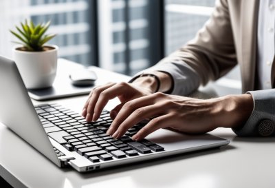 typing, keyboard, hands, laptop, work, productivity, desk, workspace, computer, input, office, remote work, freelance, writing, programming, technology, digital, focus, modern, clean