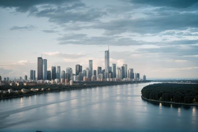 panorama, urban landscape, skyscrapers, sky, river, modern buildings, architecture, water, scenic view, greenery, city, middle east, horizon, daylight, tourism, high-rise, urban area, blue sky, nature, landmark