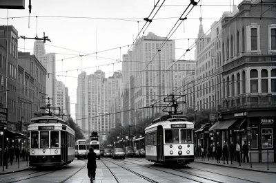 urban scene, tram, black and white photo, pedestrian, street lamp, overhead wire, winter, trees, urban transport, road, central european city, architecture, intersection, sunny day, historical tram, narrow street, building facade, traffic signal, city culture