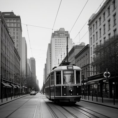 urban scene, tram, black and white photo, pedestrian, street lamp, overhead wire, winter, trees, urban transport, road, central european city, architecture, intersection, sunny day, historical tram, narrow street, building facade, traffic signal, city culture