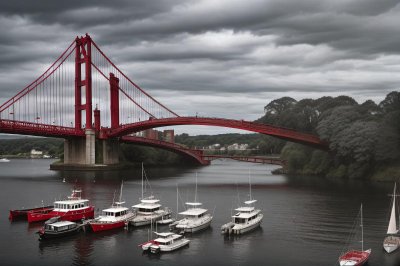 bridge, red, river, boat, harbor, yachts, trees, nature, architecture, pole, blue sky, clouds, spring, horizon, shadow, travel, cityscape, traffic, metal construction, sailing