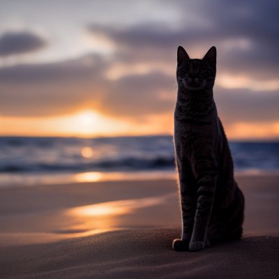 cat, beach, sunrise, pet, animal, ocean, sand, calm, clouds, nature, horizon, relaxation, reflection, melancholy, dusk, serenity, meditative, sunset, escape, scenery