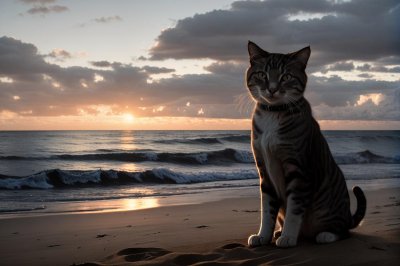 cat, beach, sunrise, pet, animal, ocean, sand, calm, clouds, nature, horizon, relaxation, reflection, melancholy, dusk, serenity, meditative, sunset, escape, scenery