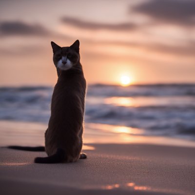 cat, beach, sunrise, ocean, sand, light, reflections, calm, nature, horizon, sunset, dawn, calm sea, solitude, calm night, romance, animal, pet, beauty, silence, seashore, adventure