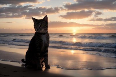 cat, beach, sunrise, ocean, sand, light, reflections, calm, nature, horizon, sunset, dawn, calm sea, solitude, calm night, romance, animal, pet, beauty, silence, seashore, adventure