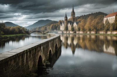 architecture, historical, church, river, waterfall, reflection, city, landscape, birds, weir, impounded, lock, roof colors, lech, buildings, nature, cityscape, reservoir, small town, water level, scaling, peaceful