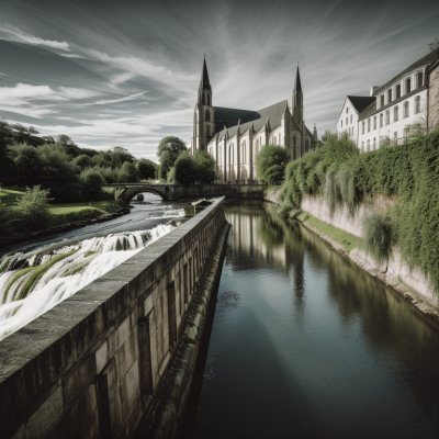 architecture, historical, church, river, waterfall, reflection, city, landscape, birds, weir, impounded, lock, roof colors, lech, buildings, nature, cityscape, reservoir, small town, water level, scaling, peaceful