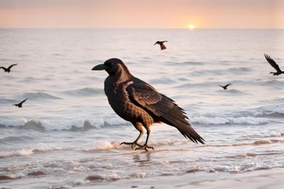 bird, crow, beach, sand, hunger, prey, foraging, sunrise, nature, morning, ornithology, natural, air, walk, black-white, freedom, calm, sun, bluish