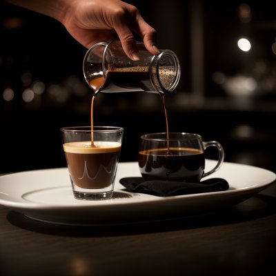 hand, black coffee, glass server, coffee crema, pouring, hot beverage, double-walled glass, wooden tray, rustic, moody, morning, coffee drink, aroma, cafe, liquid, dark, caffeine, beverage, natural light, relaxed atmosphere
