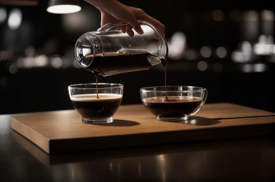 hand, black coffee, glass server, coffee crema, pouring, hot beverage, double-walled glass, wooden tray, rustic, moody, morning, coffee drink, aroma, cafe, liquid, dark, caffeine, beverage, natural light, relaxed atmosphere