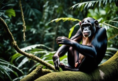 bonobo, jungle, forest, nature, wood, smartphone, modern, digital, intelligent, ape, curious, technology, interaction, log, moss, intelligence, charming, social animal, thorn, vegetation