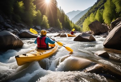 kayaking, mountains, river, adventure, extreme, rafting, water, forest, rock, nature, adrenaline, sun, morning, energy, sport, challenge, dynamic, current, safety, courage