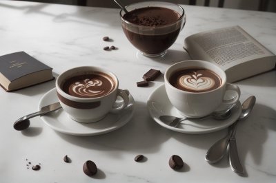 coffee, hot chocolate, latte art, book, chocolate, light, café, relaxation, reading, coziness, aroma, warm, wooden tray, calm atmosphere, white color, natural materials, comfort, board