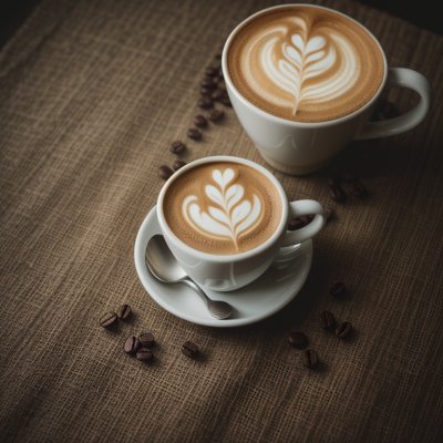 coffee, latte art, cup, heart, coffee beans, burlap surface, casual, hot drink, hot coffee, white and brown, fabric, coffee cup, acorns, rustic photography, cozy, coffee shop, woody ambiance, relaxed ambiance, barista