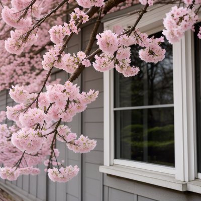 spring, nature, blossom, branch, pink, window, shutter, facade, house, blooming tree, red, details, romantic, blurry effect, rural, calm, outdoor, suburban, natural beauty, flowers
