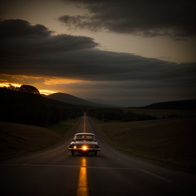 sunset, car, retro, classic, nature, road, lighting, darkness, lonely, car wallpapers, wet, reflection, lights, countryside, vintage, atmospheric, wet surface, eerie, lone car, dark sky, headlight, road vehicle