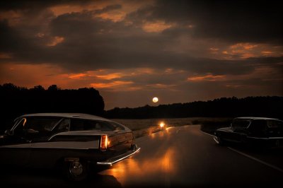 sunset, car, retro, classic, nature, road, lighting, darkness, lonely, car wallpapers, wet, reflection, lights, countryside, vintage, atmospheric, wet surface, eerie, lone car, dark sky, headlight, road vehicle