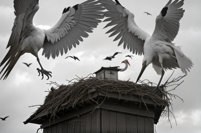 stork, nest, building, bird, clattering, nature, beak, animal, young, feathers, motherhood, family, wall, protection, ornament, care, guarding, motive