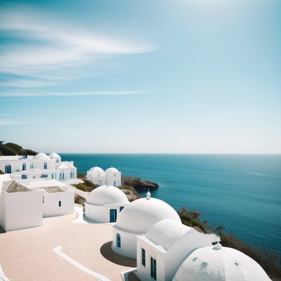 white houses, blue domes, ocean, coastal, travel, architecture, scenic, coastline, village, tourism, island, greece, cyclades, blue sky, aerial view, mediterranean sea, tourist attraction, white stucco, santorini, nature, seaside village