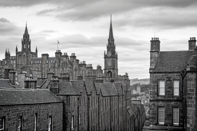 edinburgh, scottish, urban, old town, travel, stone building, ancient architecture, gothic-style, cathedral, europe, united kingdom, black and white, church architecture, rooftops, historic, medieval, tourism, towers, tourist attraction, modern history