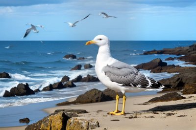 seagull, blue sky, sea, bird, ornithology, feathers, beak, sunny day, coast, rocks, wind, sky, blue, bay, wings, nature beauty, nature, birdwatching, tourist attraction, natural environment