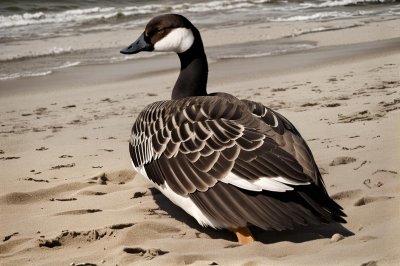 canadian goose, goose, nature, bird, animal, beach, sand, waterfowl, wildlife, shore, canadian geese, plumage, beak, sitting bird, close-up, black-and-white pattern, wild bird, partridge