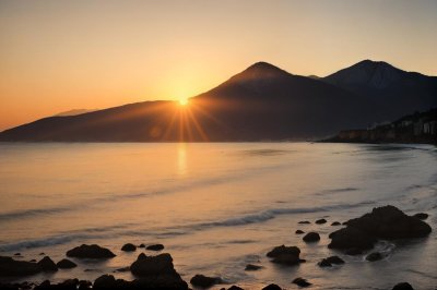 sunrise, corsica, sea, morning, beach, mountains, shadows, nature, landscape, water, light, sun, sky, bay, tourism, summer, relaxation, early morning, resort, sun rays