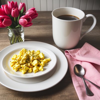 breakfast, scrambled eggs, coffee, tulips, pink plate, mug, spoon, pink, decorative, spread, fresh flowers, cute design, coffee cup, rabbit, napkin, wooden cutlery, breakfast in bed, romantic atmosphere, cosy
