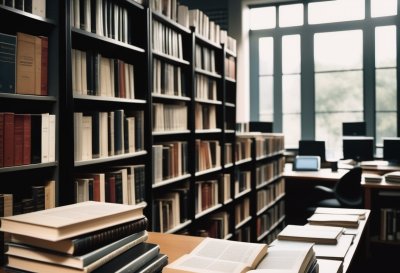 ai generated, library, books, stacks of books, desk, computer, female figure, concerned, window, interior, lecture, research, education, professor, serious, work, study, conversation, university, outdoor, spanish