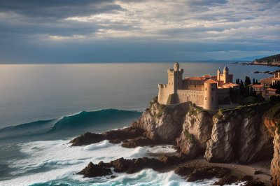 castle, sea, rocky coast, tourism, tuscany, sun, wave power, clouds, livorno, landscape, architecture, boccale, cliffs, natural beauty, italy, panorama, tranquility, vacation, boccale cup, mansion