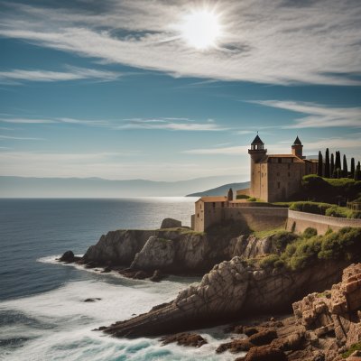 castle, sea, rocky coast, tourism, tuscany, sun, wave power, clouds, livorno, landscape, architecture, boccale, cliffs, natural beauty, italy, panorama, tranquility, vacation, boccale cup, mansion
