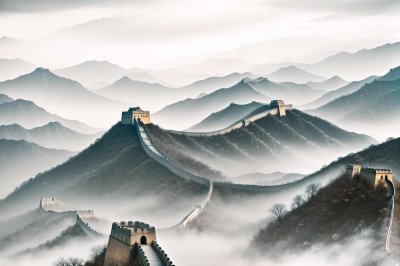 great wall, traditional chinese painting, nature, landscape, mountains, bamboo, blossoms, lotus, sunrise, clouds, pink, chinese architecture, cultural heritage, water element, fantasy, decorative, peaceful, ethereal, lighting, pastel colors