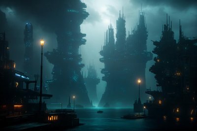 underwater city, futuristic, urban, dark, glowing lights, mysterious, tall buildings, underwater world, shadow, deep ocean, futuristic architecture, downward, glow, ocean, hidden cities, ruins, peaceful, mysteries, fantastic, futuristic city, skyscraper tops