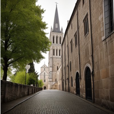 city, architecture, church, historic, city wall, tree, fresco, a few people, window frames, flowers, heritage awareness, summer evening, nice weather, medieval, tree-lined street, europe, morning, tourist destination, germany