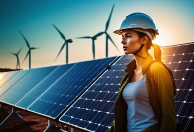 ai generated, renewable energy, solar panels, green tech, engineer, sustainability, solar farm, clean energy, technician, climate change solution, solar energy, outdoor workspace, industrial facility, sustainable technology, energy security, control panel, solar technology, outdoor work environment, industrial production, outdoor activities, technology maintenance