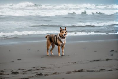 dog, beach, pet, animal, cute, fur, ocean, waves, sand, solitude, exploration, relaxation, nature, peace, alone, furry dog, outdoors, season, peaceful