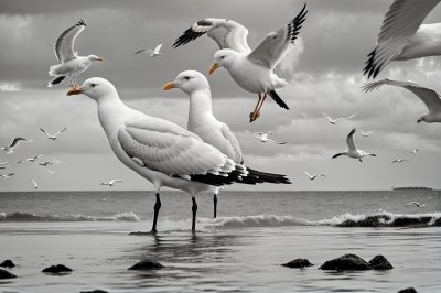 seagull, bird, nature, wildlife, waterbird, beak, feathers, animal, fauna, ocean, surf, wings, beach, wetland, whitish, lattice, black and white, sunny, beautiful, ecology