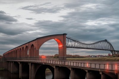 railway bridge, train, red, clouds, netherlands, modern architecture, commuter train, nature, travel, infrastructure, urban, dramatic sky, railway, river, transportation, passenger, yellow, concrete, bridge design, bridge construction