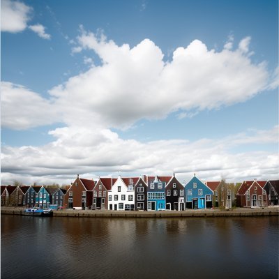 colorful houses, by the water, blue sky, netherlands, flowing water, residential buildings, calm environment, recreation, houses by the canal, architecture, modern design, drinkable water, fresh air, natural beauty, urban landscape, horizon, reflection, autumn day, calm waters, exterior, walk by the water