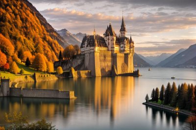 switzerland, montreux, castle, lake, landscape, sunset, reflection, lake geneva, historic, tourist attraction, architecture, water, rock, nature, spring, tree, glow, peaceful, romantic, travel