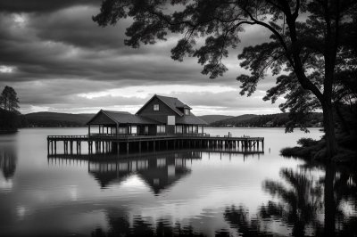 boathouse, lake, landscape, house, water, architecture, jetty, nature, black and white, river view, natural landscape, bridge, lake house, wooden structure, reflection, peaceful, rural, serene, outdoor, tranquil setting
