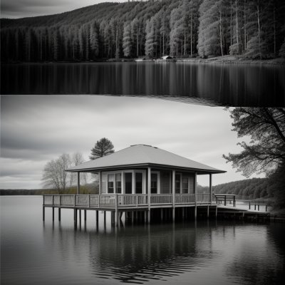 boathouse, lake, landscape, house, water, architecture, jetty, nature, black and white, river view, natural landscape, bridge, lake house, wooden structure, reflection, peaceful, rural, serene, outdoor, tranquil setting