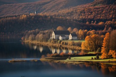 lake, nature, church, autumn, village, idyllic, morning, calm, foliage, reflections, spirit of tranquility, hiking, recreation, clean water, vacation, panoramic view, community, alps